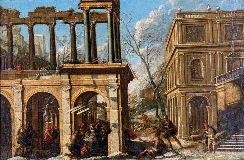 Scuola Napoletana del XVII Secolo - Capriccio Architettonico con Adorazione dei Pastori