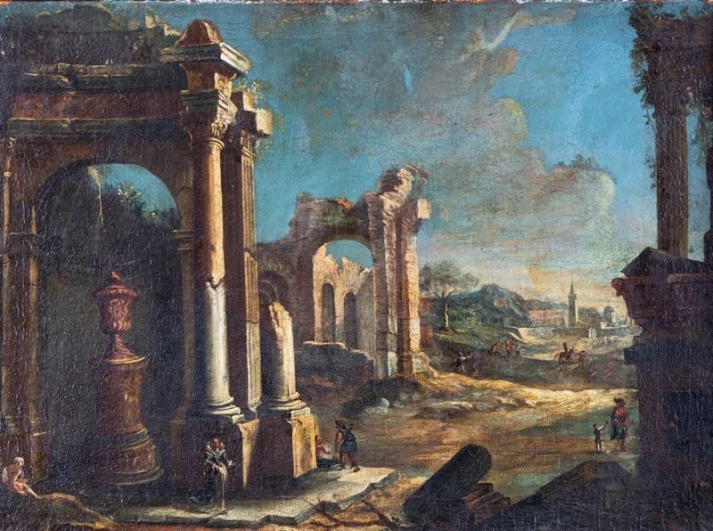 Scuola Romana del XVIII Secolo - Capriccio con Architetture Classiche e Figure