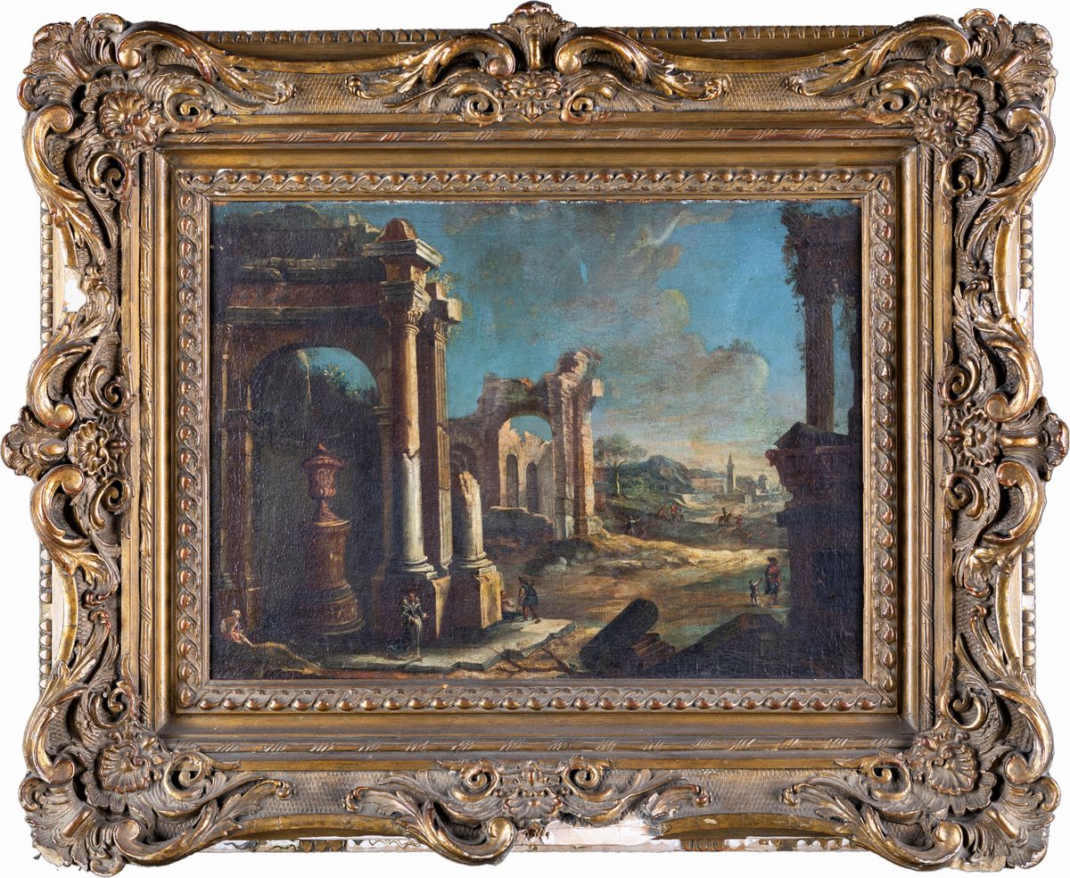 Scuola Romana del XVIII Secolo - Capriccio con Architetture Classiche e Figure