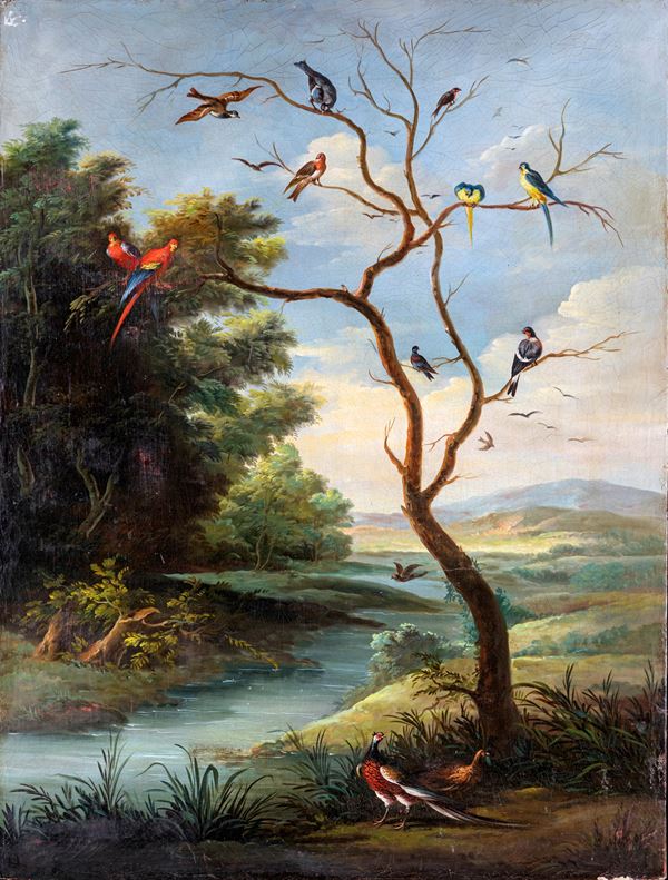 Scuola fiamminga del XVIII secolo - Paesaggio fluviale con albero e volatili