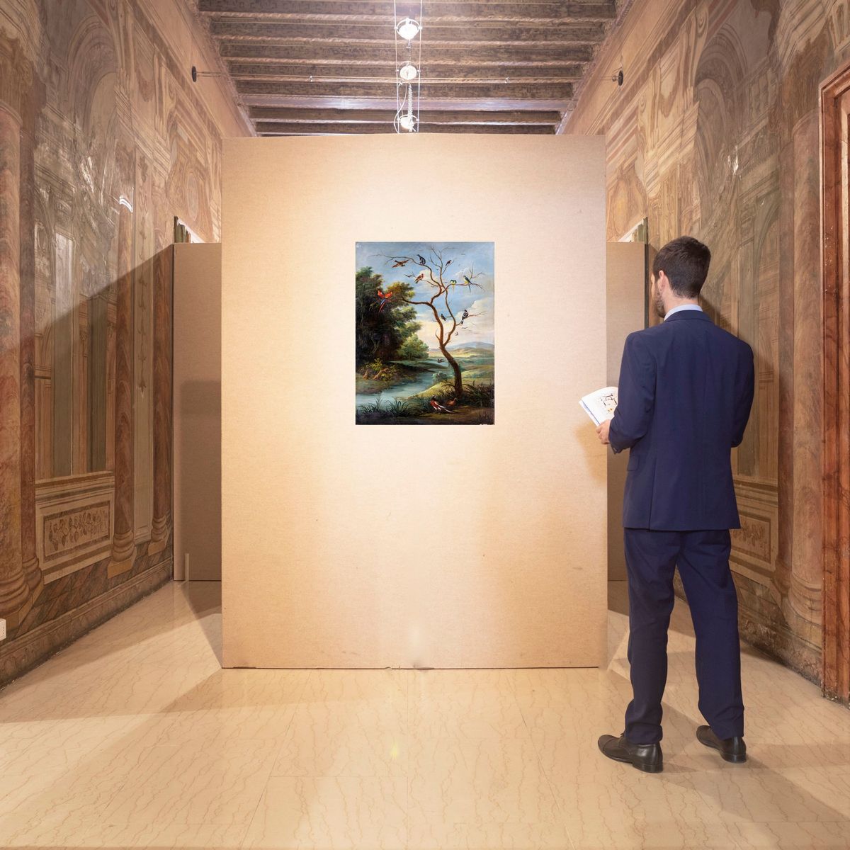 Scuola Fiamminga del XVIII Secolo - Paesaggio Fluviale con Albero e Volatili