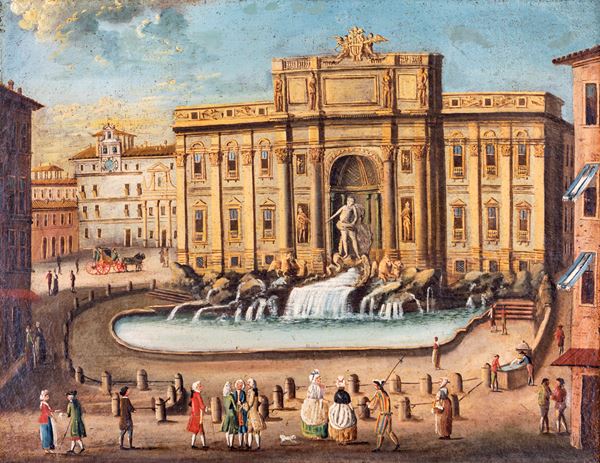 Scuola Romana del XVIII secolo - Coppia di vedute con Arco di Costantino e Fontana di Trevi