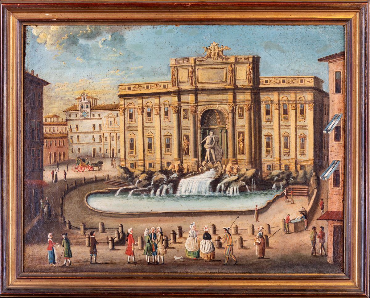 Scuola Romana del XVIII Secolo - Coppia di Vedute con Arco di Costantino e Fontana di Trevi