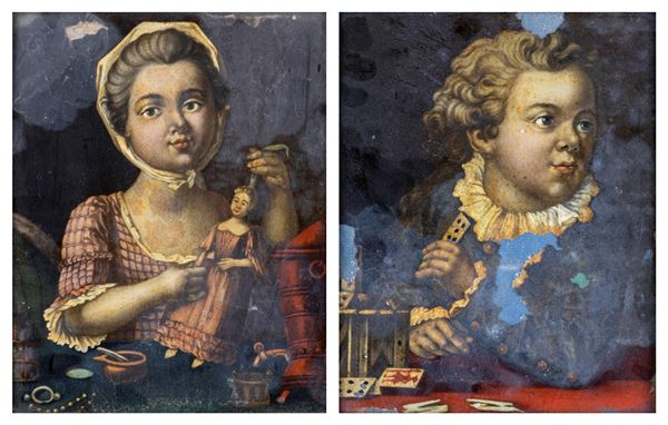 Scuola veneta del XVIII secolo - a) Bimba con la bambola  b) Bambino con le carte