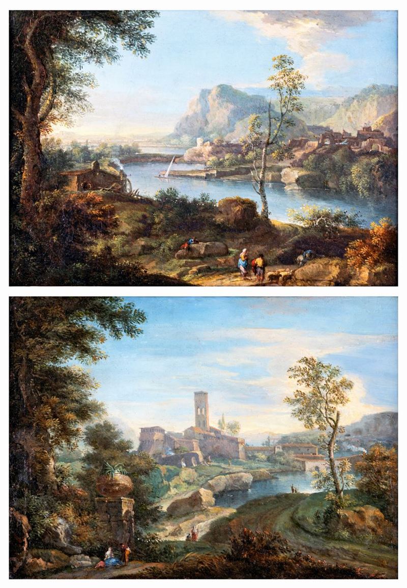 Paolo Anesi - Coppia di Vedute con Paesaggi Fluviali