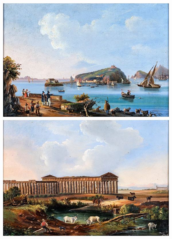 Pittore del XIX secolo - a) Veduta dell'isola di Procida  b) Veduta del tempo di Paestum