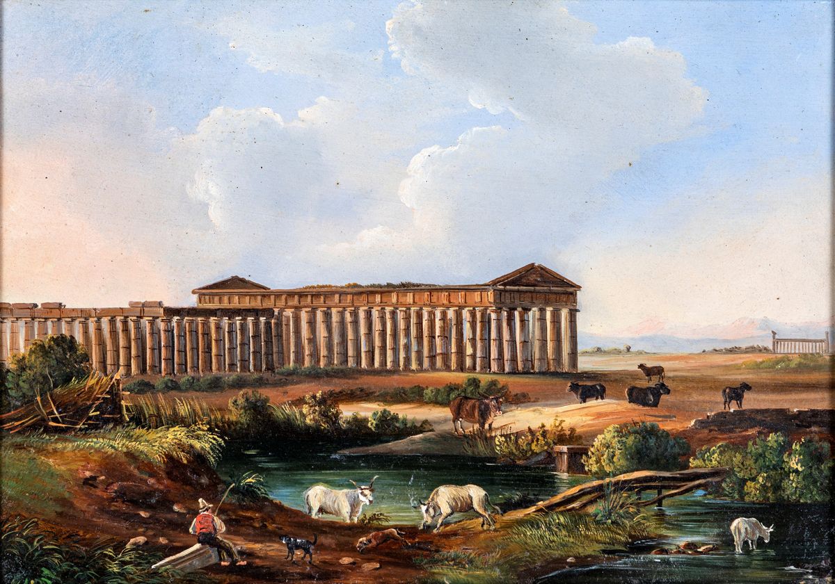 Pittore del XIX Secolo - A) Veduta Dell'isola di Procida B) Veduta del Tempo di Paestum