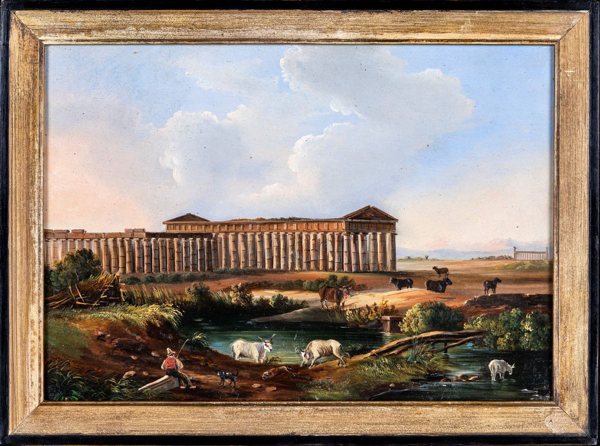Pittore del XIX Secolo - A) Veduta Dell'isola di Procida B) Veduta del Tempo di Paestum
