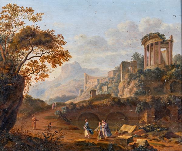 Scuola francese del XVIII secolo - Veduta di paesaggio con tempio