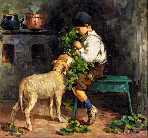 Pittore della fine del XIX secolo - Interno di cucina con bimbo e capretta