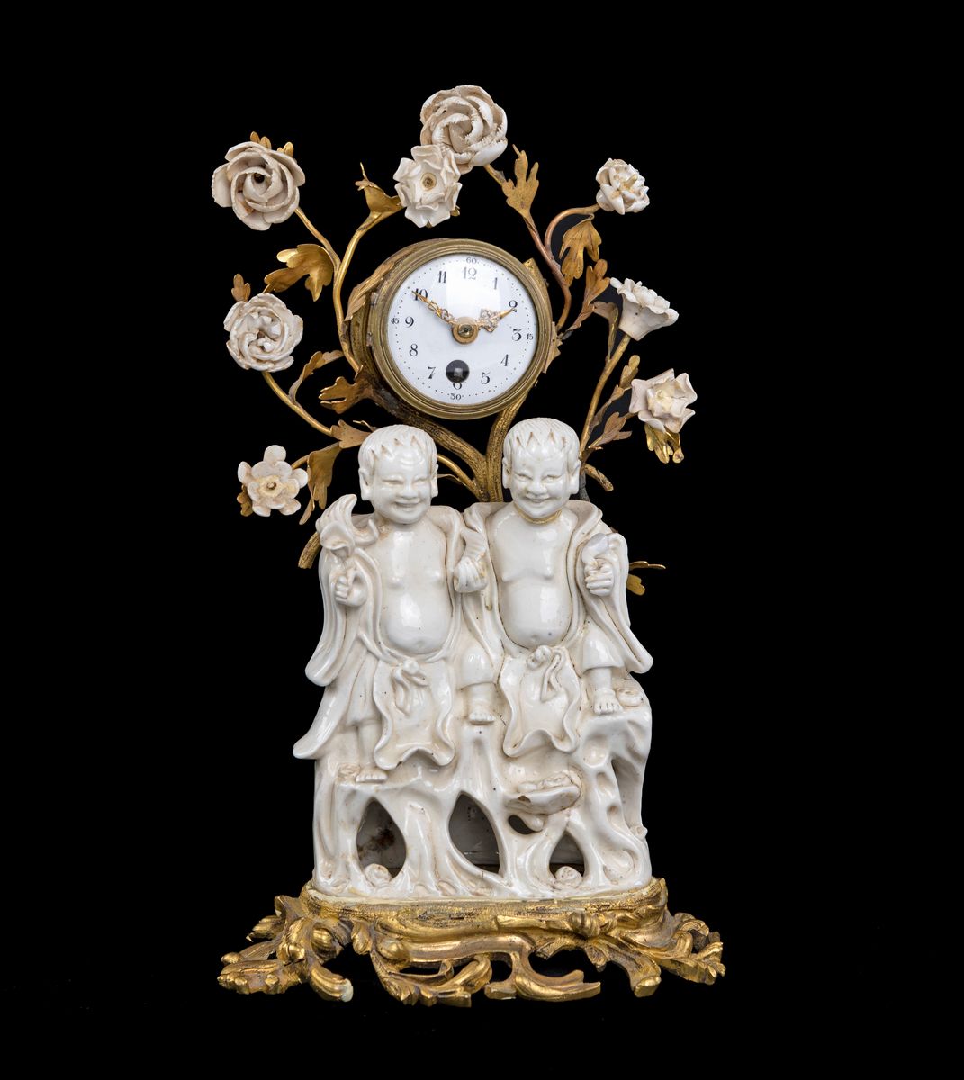 Orologio da Tavolo in Bronzo Dorato e Porcellana Bianca, XIX Secolo