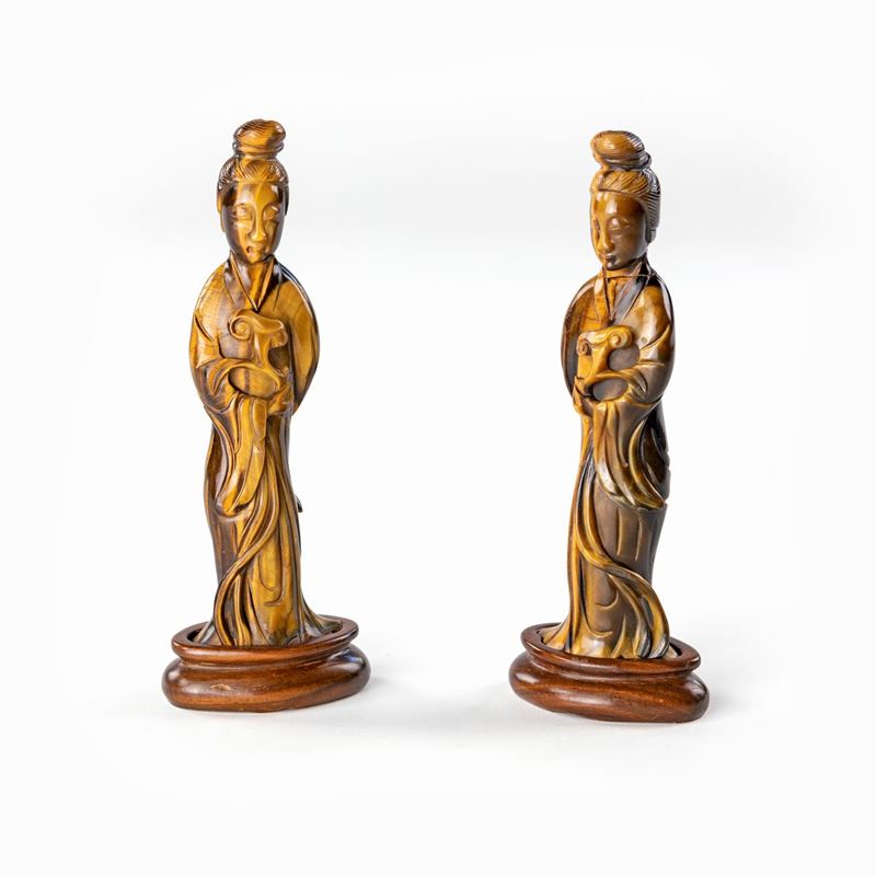 Coppia di Guan Yin in Occhio di Tigre, Arte Cinese del XX Secolo