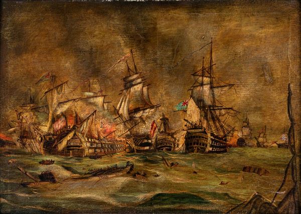 Pittore del XIX secolo - Battaglia navale fra galeoni inglesi e spagnoli