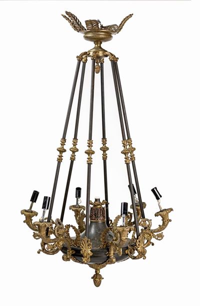 Lampadario in Bronzo Brunito e Dorato, Fine del XIX Secolo