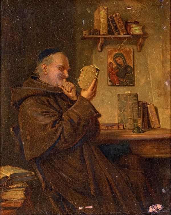 Pittore della fine del XIX secolo - Interno con monaco