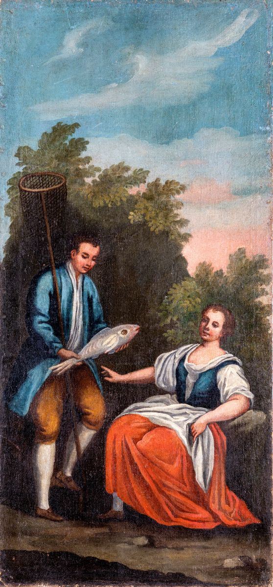 Scuola veneta del XVIII secolo - Scena galante con pescatore e donzella