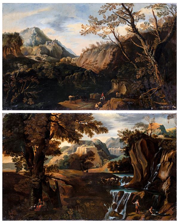 Pittore del XIX secolo - a) Paesaggio con armenti e ruderi in lontananza  b) Paesaggio con cascatelle