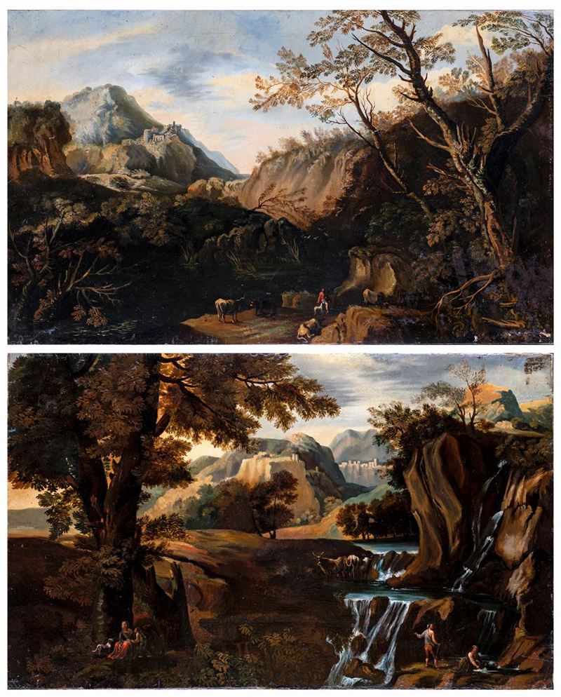 Pittore del XIX Secolo - A) Paesaggio con Armenti e Ruderi in Lontananza B) Paesaggio con Cascate...