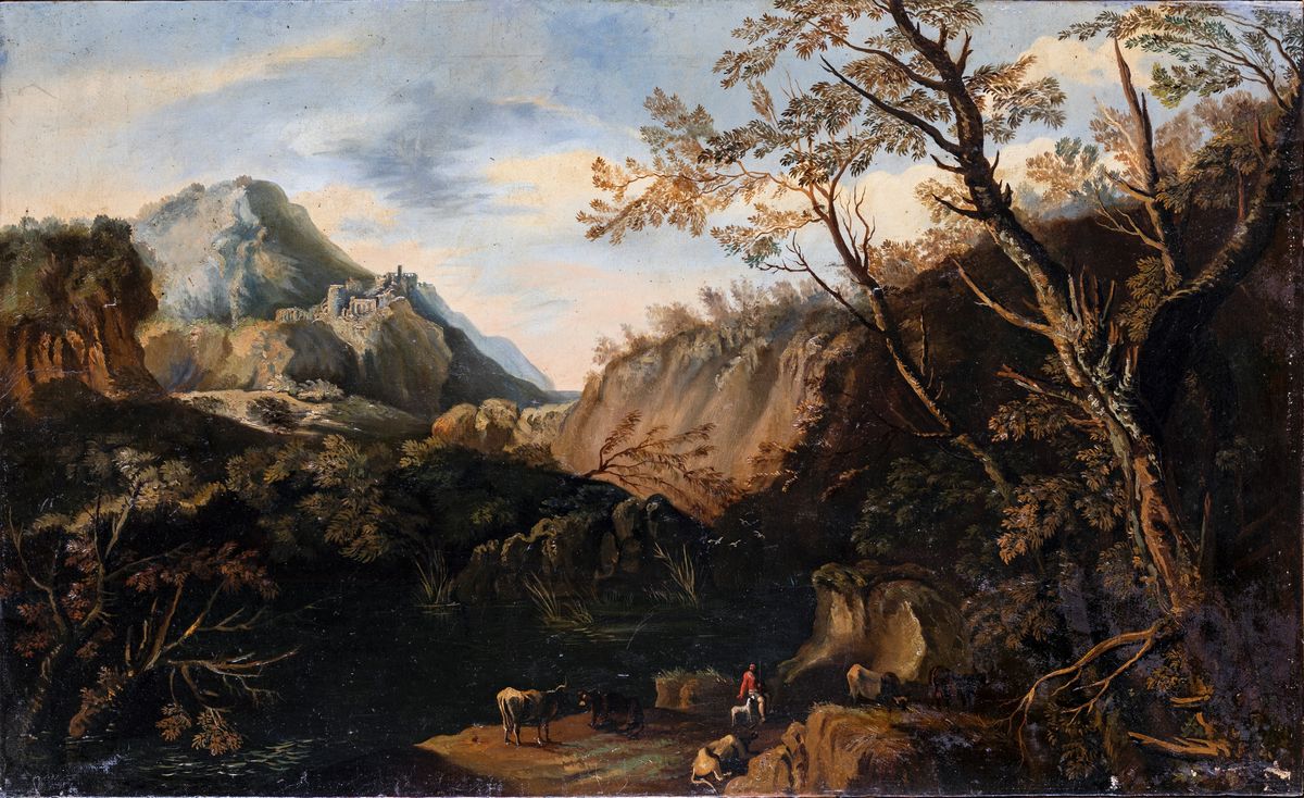 Pittore del XIX Secolo - A) Paesaggio con Armenti e Ruderi in Lontananza B) Paesaggio con Cascate...