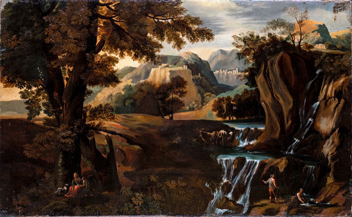 Pittore del XIX Secolo - A) Paesaggio con Armenti e Ruderi in Lontananza B) Paesaggio con Cascate...