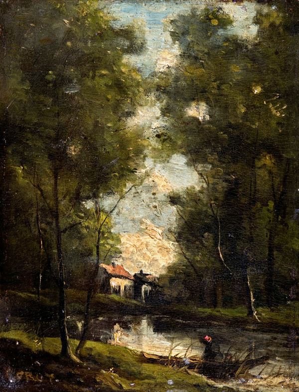 Paesaggio boschivo con fiume e armenti