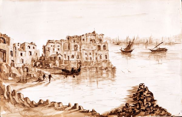 Pittore della fine del XIX secolo,Scuola napoletana del XX secolo - Borgo marinaro con imbarcazioni