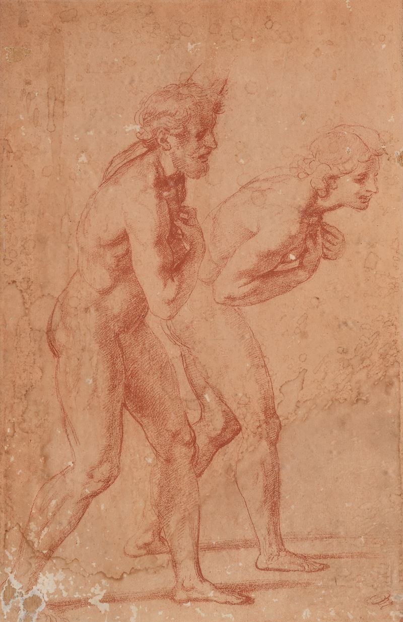 Riproduzione del disegno a sanguigna di Raffaello al Louvre "Studio per due Apostoli" della Trasf...