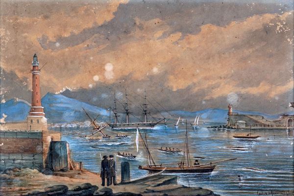 Pittore del XIX secolo - Veduta di porto con faro