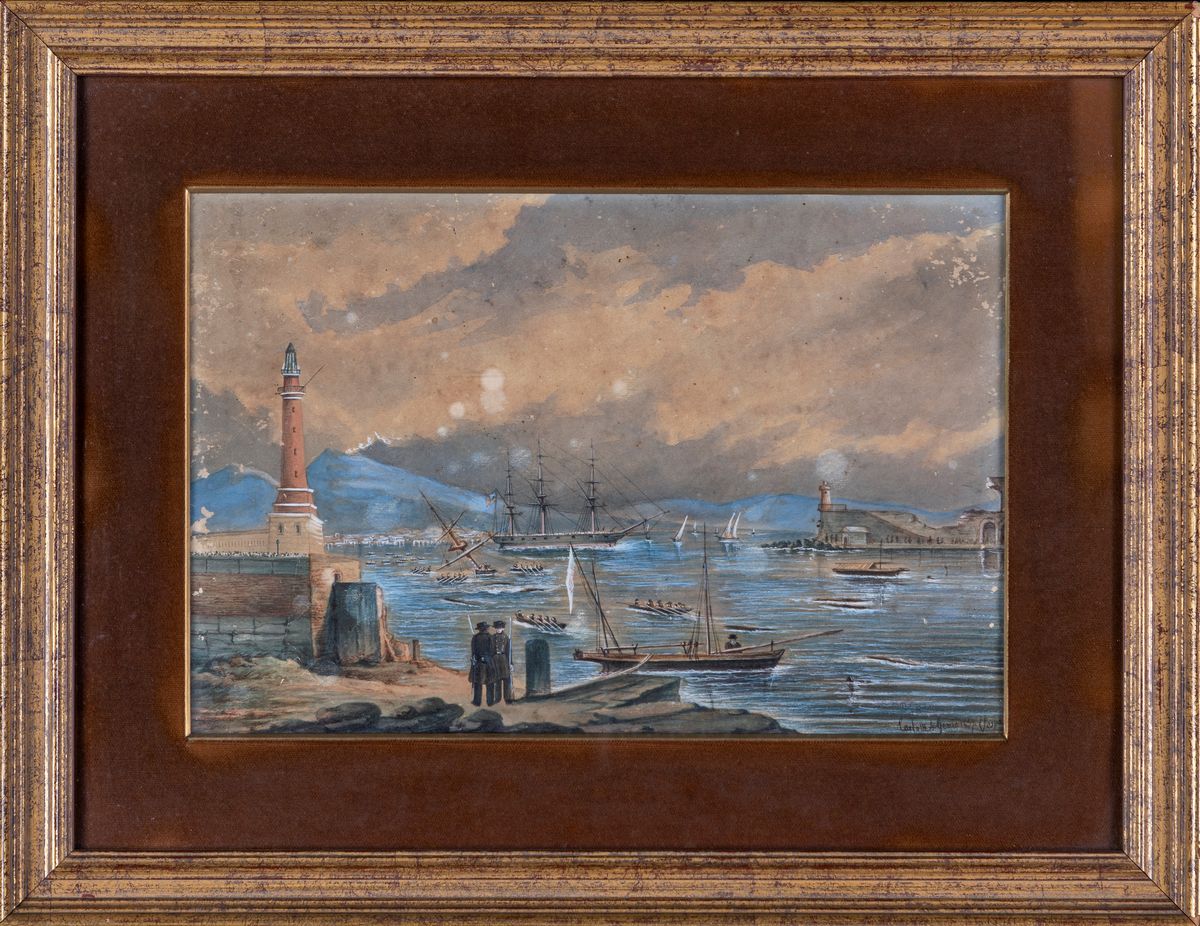 Pittore del XIX Secolo - Veduta di Porto con Faro