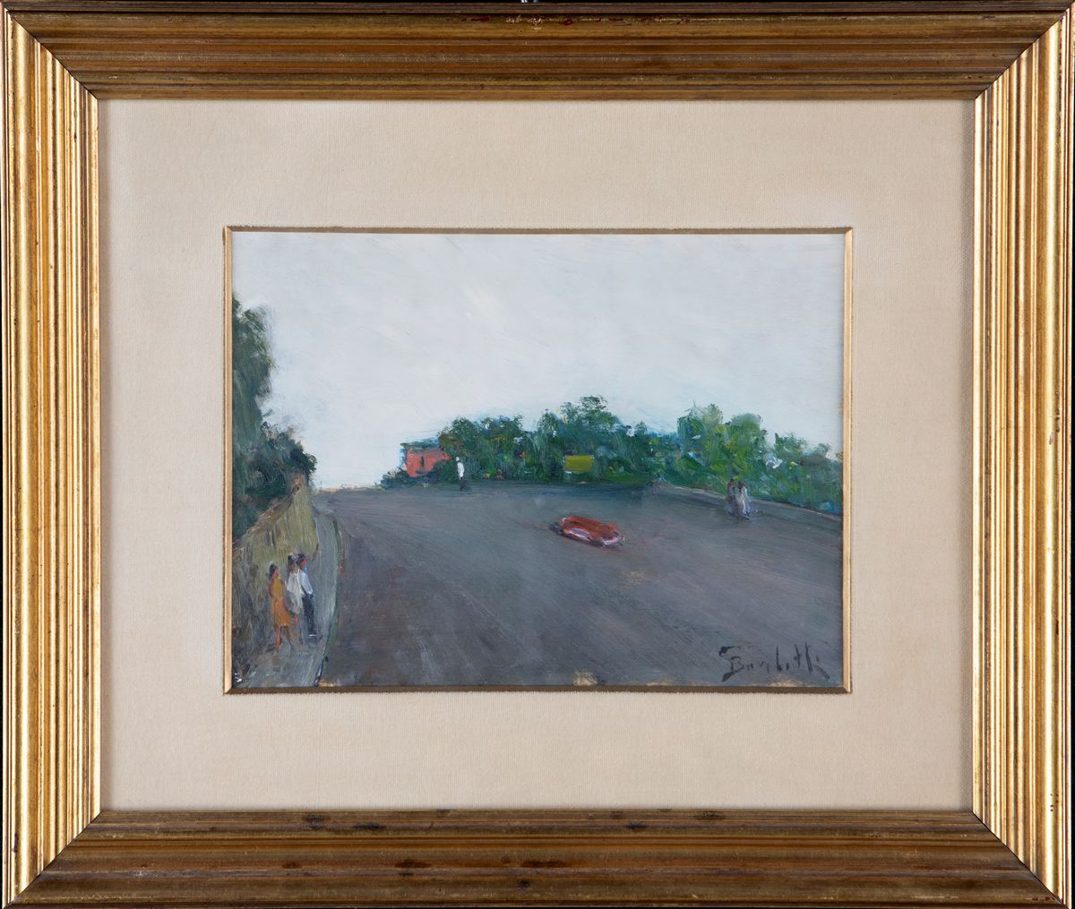 Strada con macchina e passanti