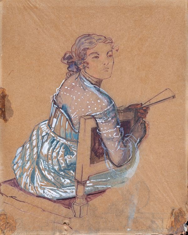 Pittore del XIX secolo - Studio di donna con ventaglio