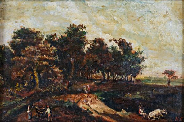 Pittore del XIX secolo,Scuola Italiana del XX secolo - Paesaggio con pastori