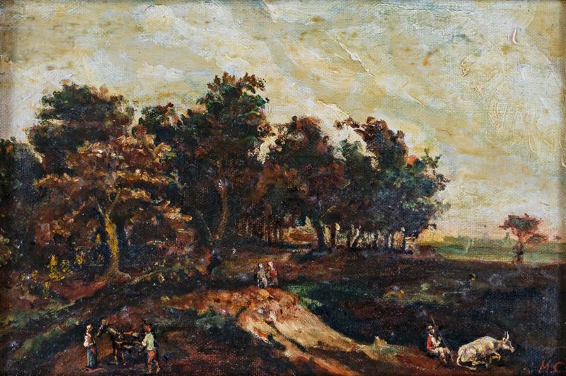 Pittore del XIX Secolo - Paesaggio con Pastori