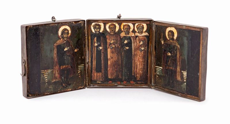 Antica Icona Veneto-cretese in Forma di Trittico con Figure di Santi