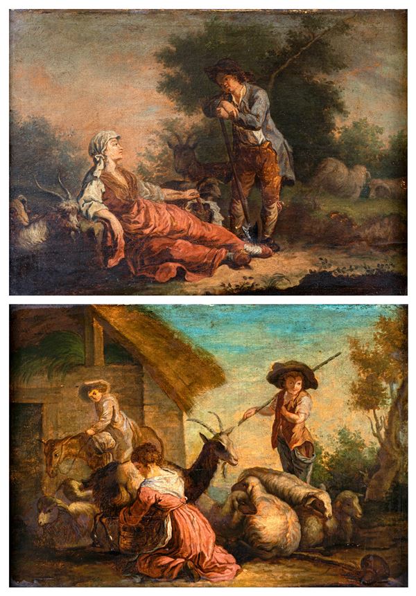 Scuola veneta del XVIII secolo - a) Scena galante  b) Mungitura della capra