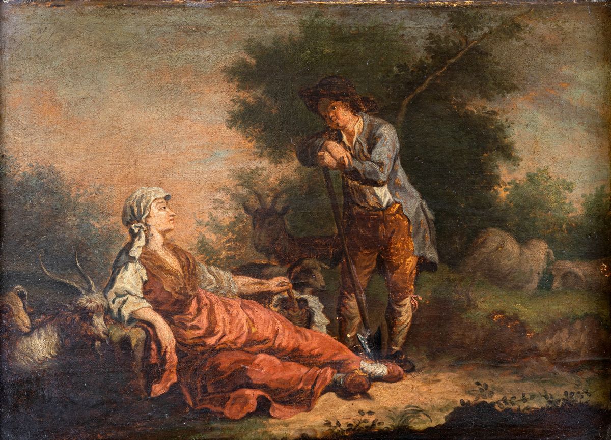 Scuola Veneta del XVIII Secolo - A) Scena Galante B) Mungitura della Capra