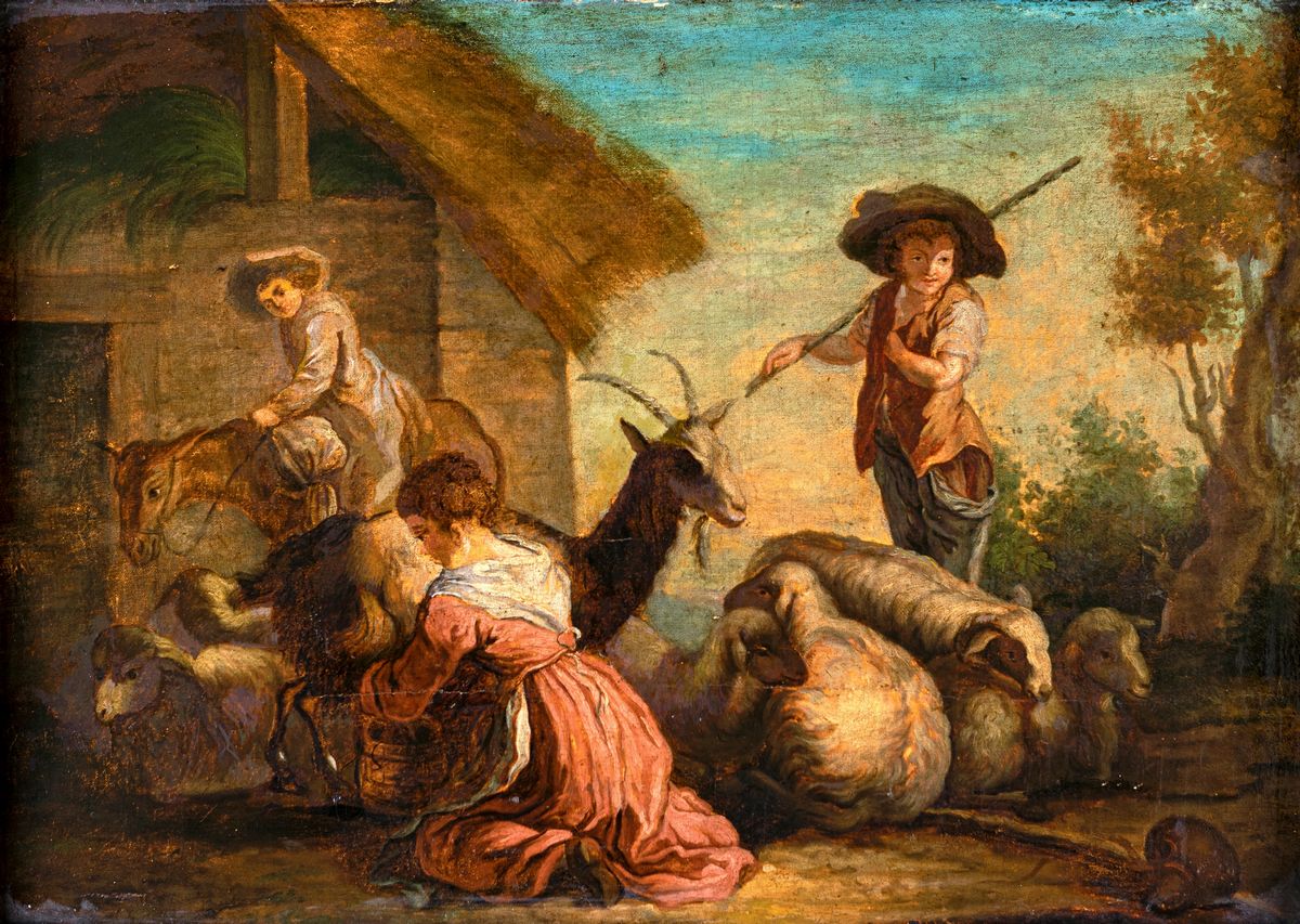 Scuola Veneta del XVIII Secolo - A) Scena Galante B) Mungitura della Capra