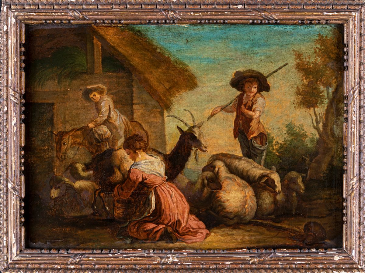 Scuola Veneta del XVIII Secolo - A) Scena Galante B) Mungitura della Capra