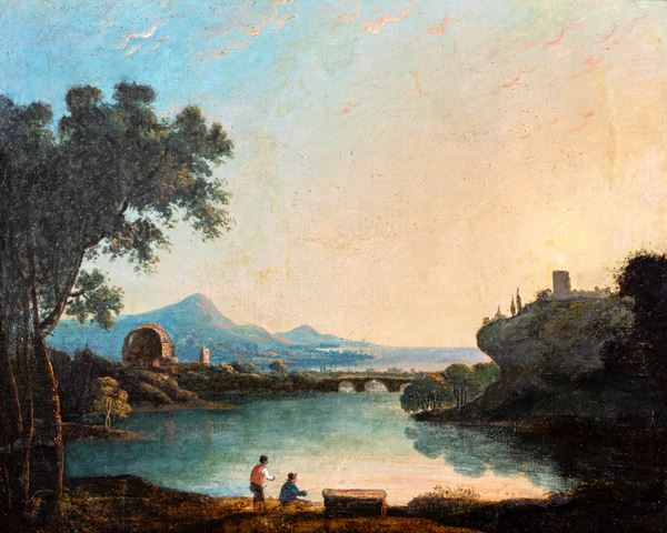Pittore del XIX secolo - Paesaggio con pescatori e ponte romano in lontananza