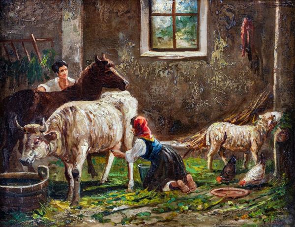 Pittore del XIX secolo - Interno di stalla