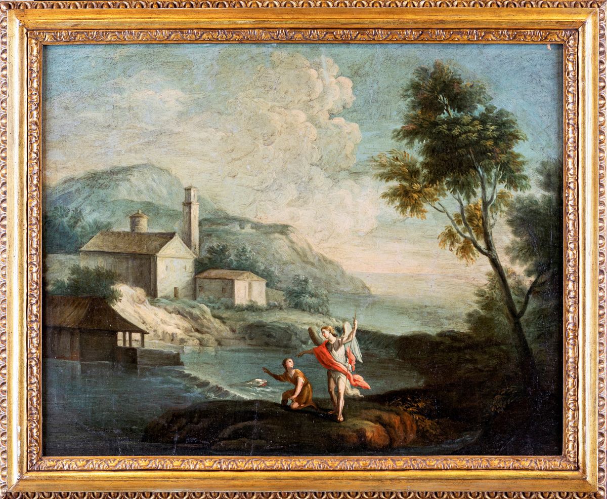 Pittore Veneto XVII/XVIII Secolo - Paesaggio Lacustre con Tobiolo e L’angelo.