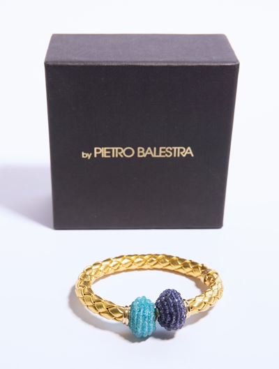 Pietro Balestra. Bracciale in Pelle Rivestita in Oro con Zaffiri e Topazi Azzurri