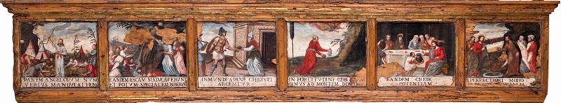 Pittore Romano del XVII Secolo - Predella in Legno con Episodi Biblici