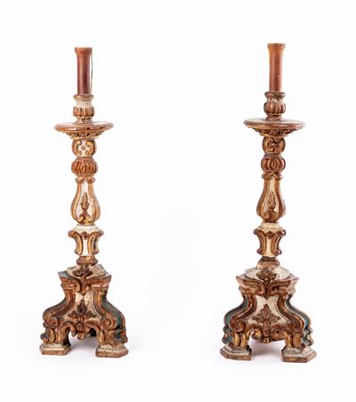 Coppia di Torciere in Legno Laccato e Dorato, XVIII Secolo