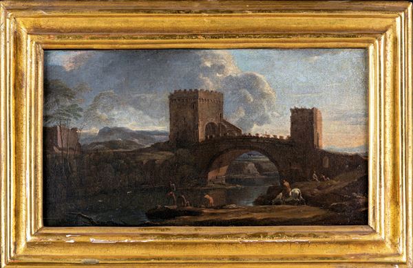 Scuola Romana del XVII secolo - Paesaggio fluviale con ponte Nomentano