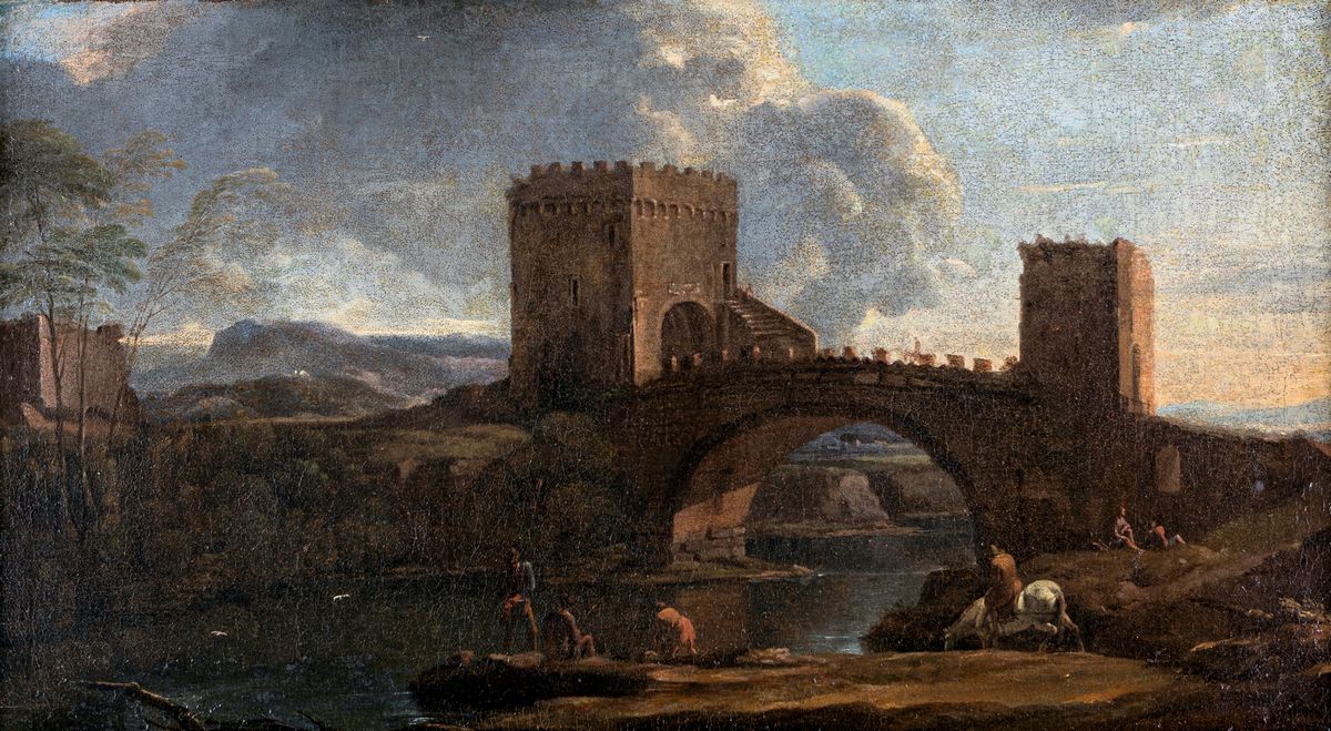 Scuola Romana del XVII Secolo - Paesaggio Fluviale con Ponte Nomentano