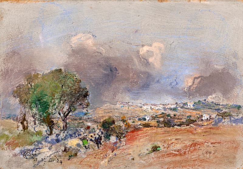 Giuseppe Casciaro - Paesaggio di Campagna con Paesino