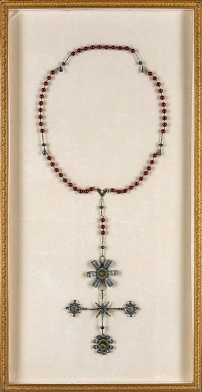 Grande Rosario in Filigrana D'argento e Metallo con Grani di Corniola, Artigianato Sardo, Anni Ci...