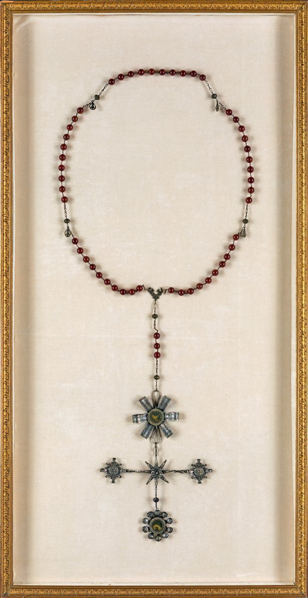 Grande Rosario in Filigrana D'argento e Metallo con Grani di Corniola, Artigianato Sardo, Anni Ci...