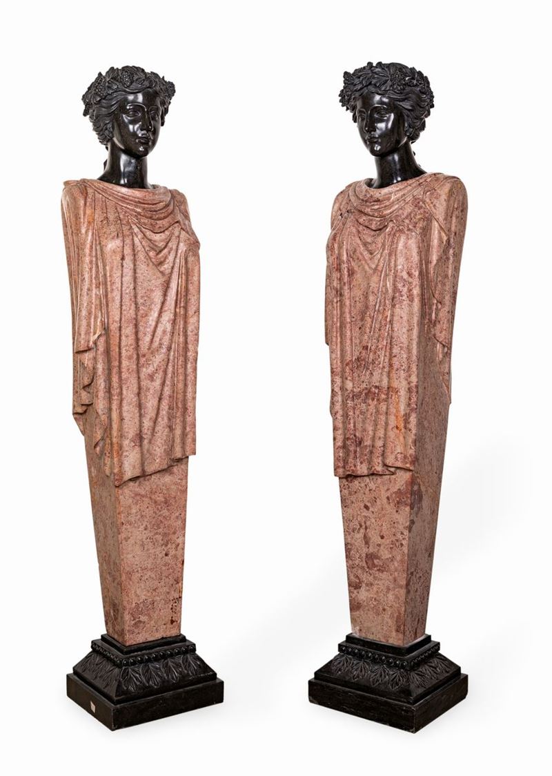 Coppia di Erme di Bacco in Marmo Nero e Rosa Egiziano, XIX Secolo